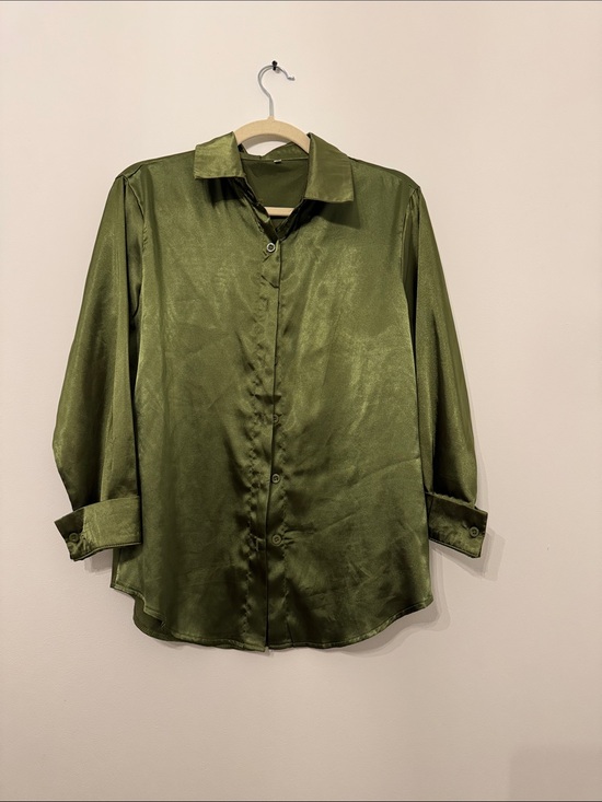 Tops - Olive Green Satin Button-Up Shirt